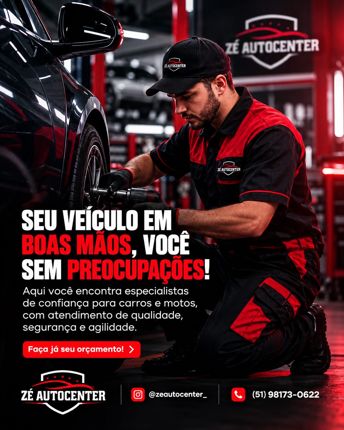 Profissional da Zé AutoCenter realizando manutenção em um veículo